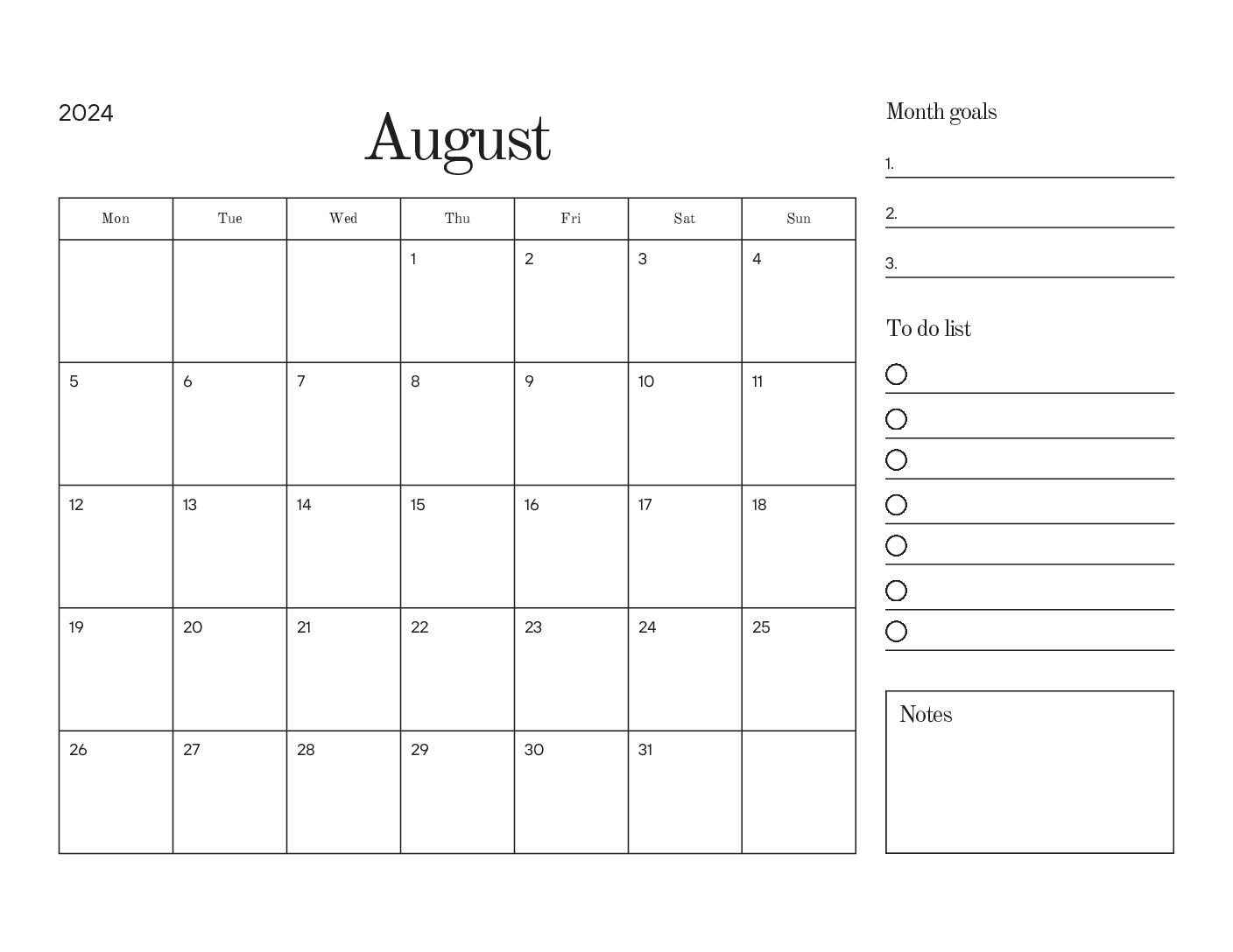 August 2024 Free Printable Calenders